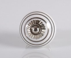 Knop keramik rund, hvid/sølv, cirkler