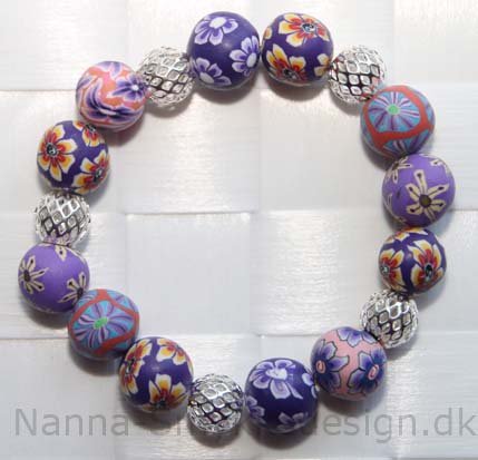 Fimo armbånd lilla m. sølv perler