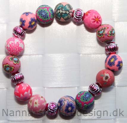 Fimo armbnd lyserd m. slv/pink perler
