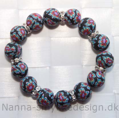 Fimo armbnd flower power blomst m. rhinstens perler