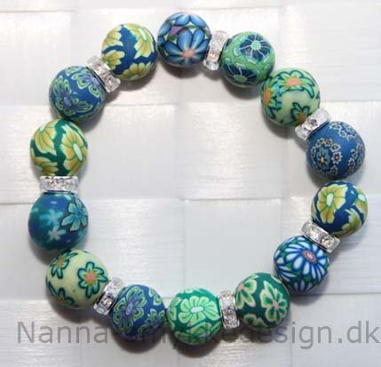 Fimo armbnd grn/bl/lime m. rhinstens perler
