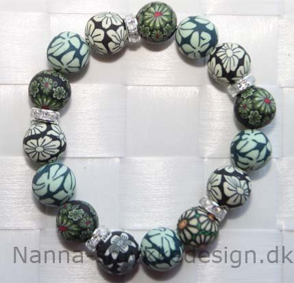 Fimo armbnd Sort/grn m. rhinstens perler