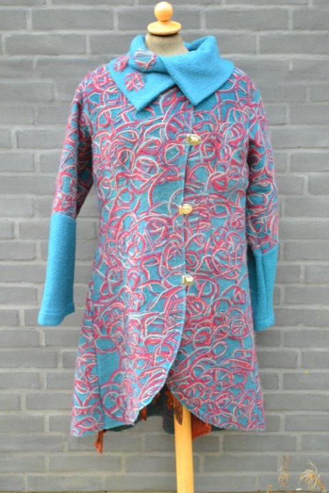 Turquise coat with red and grey cords - size L