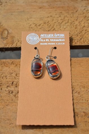 Earrings with transparent , orange and black glass