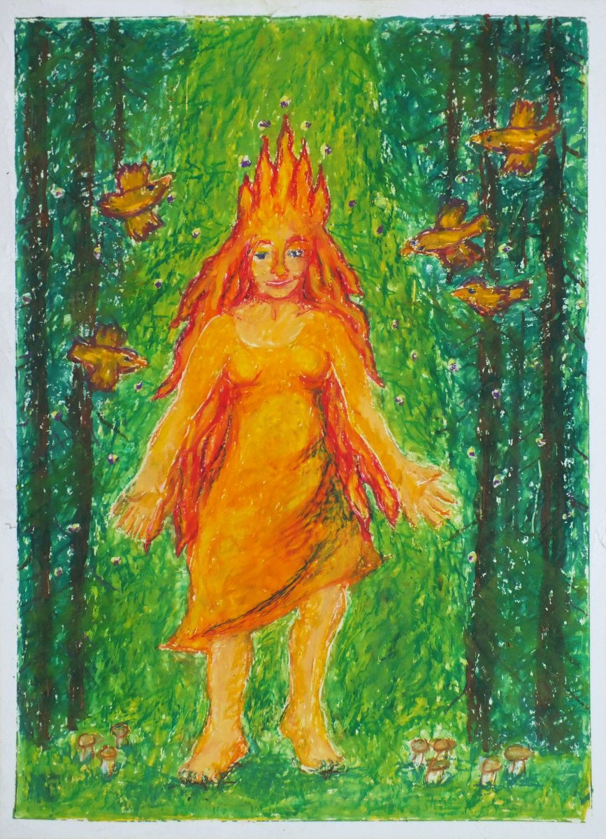 Oliepastel maleri. Skovens Dronning. Skønhed og magi.