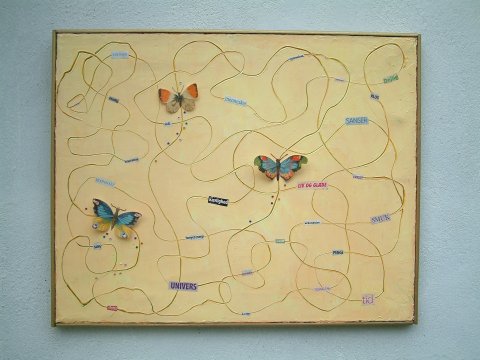 Lotte Rosenkilde. Urkraft Kunst. Maleri. Energilinjer med sommerfugle og ord. Olie og collage p lrred.