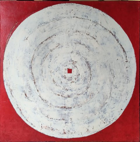 Lotte Rosenkilde. Urkraft Kunst. Oliemaleri. Mandala i rødt og hvidt.