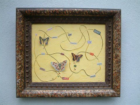 Lotte Rosenkilde. Urkraft Kunst. Maleri. Energilinjer med sommerfugle og ord. Olie og collage på lærred.