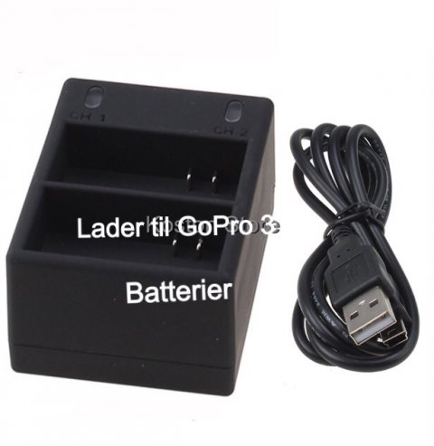 Usb dobbelt lader til Gopro 3 batterier