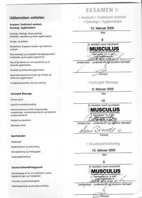 Eksamensbevis fra Musculus